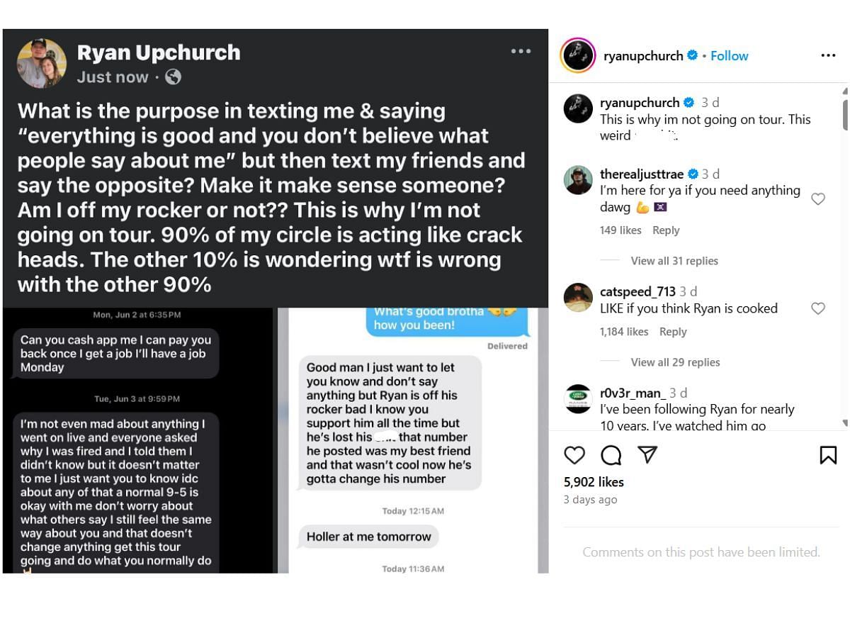 Upchurch's IG post (Image via Instagram/ @ryanupchurch)